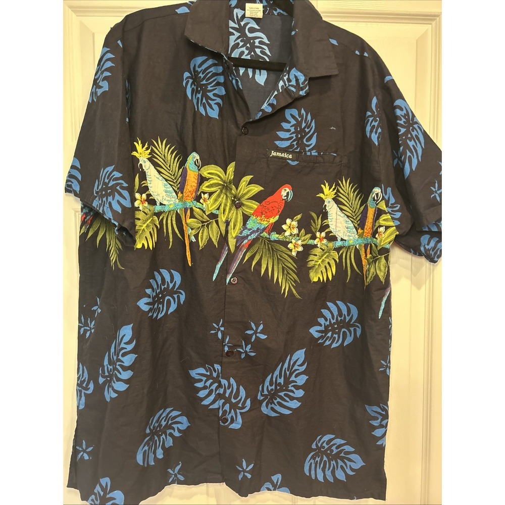 Funky Hawaiian Shirt Parrot Chest Print‎ Blue Jamaica Tropical Birds  Large
